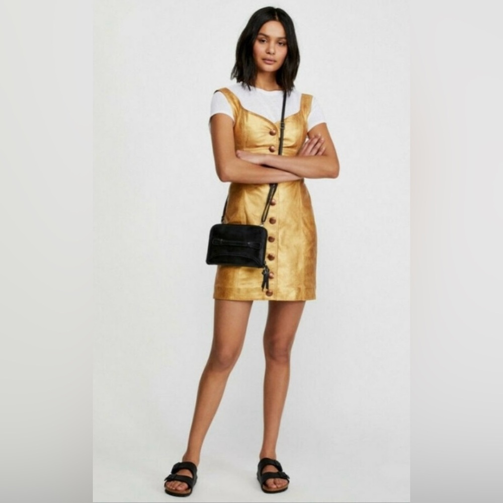 NWT Free People Women's Goldie Leather Mini Dress Gold, Size 8 - Picture 3 of 13